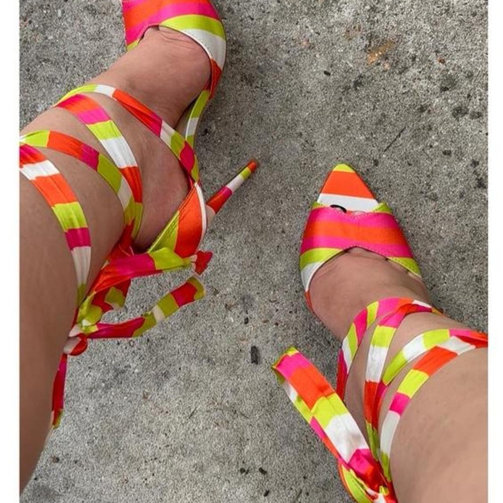 Shoedazzle Ambelin Neon Stripe Lace-Up Heels Size 9